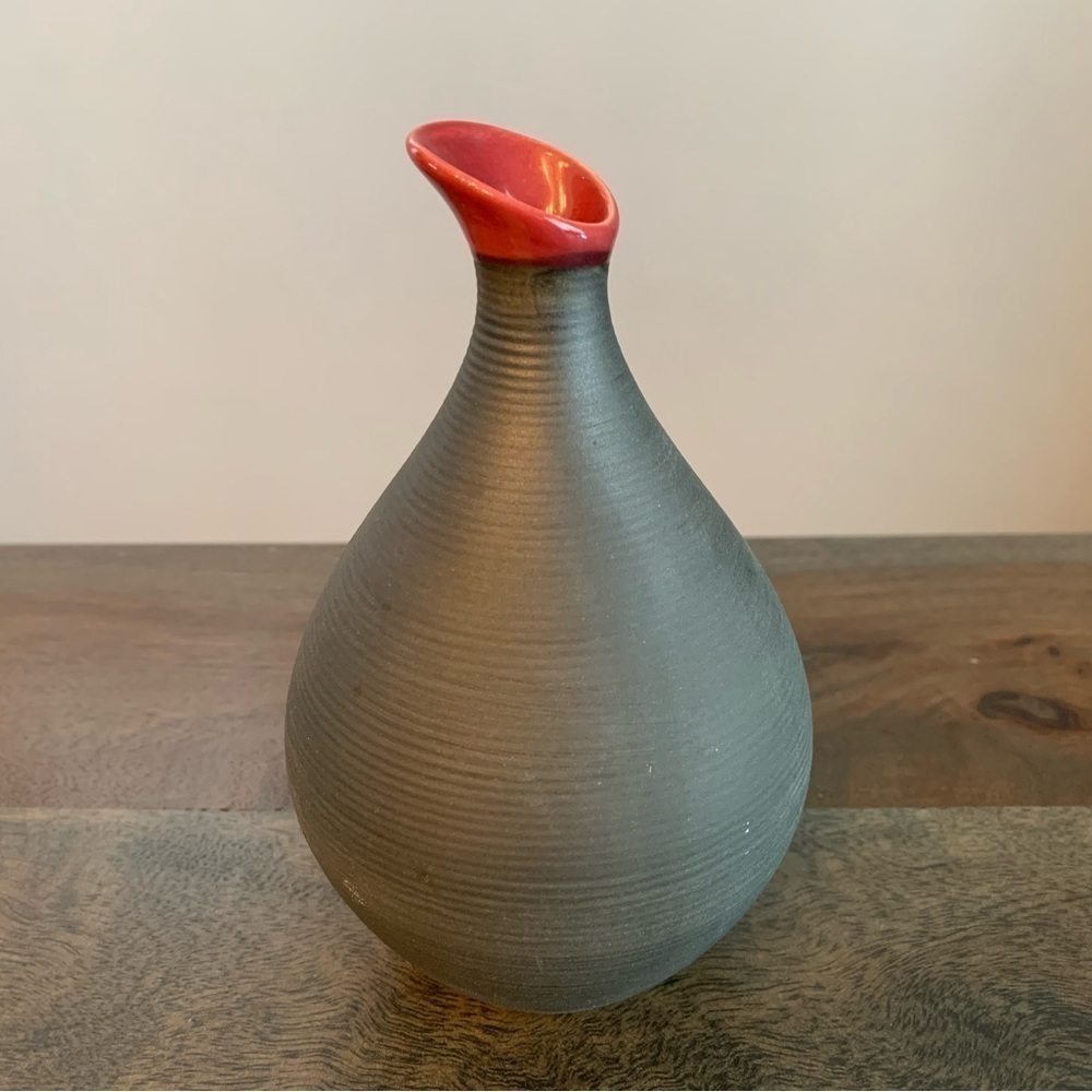 Rorstrand Bahia Vase Sweden Black Red Ribbed Vintage Small Bud Vase MCM.